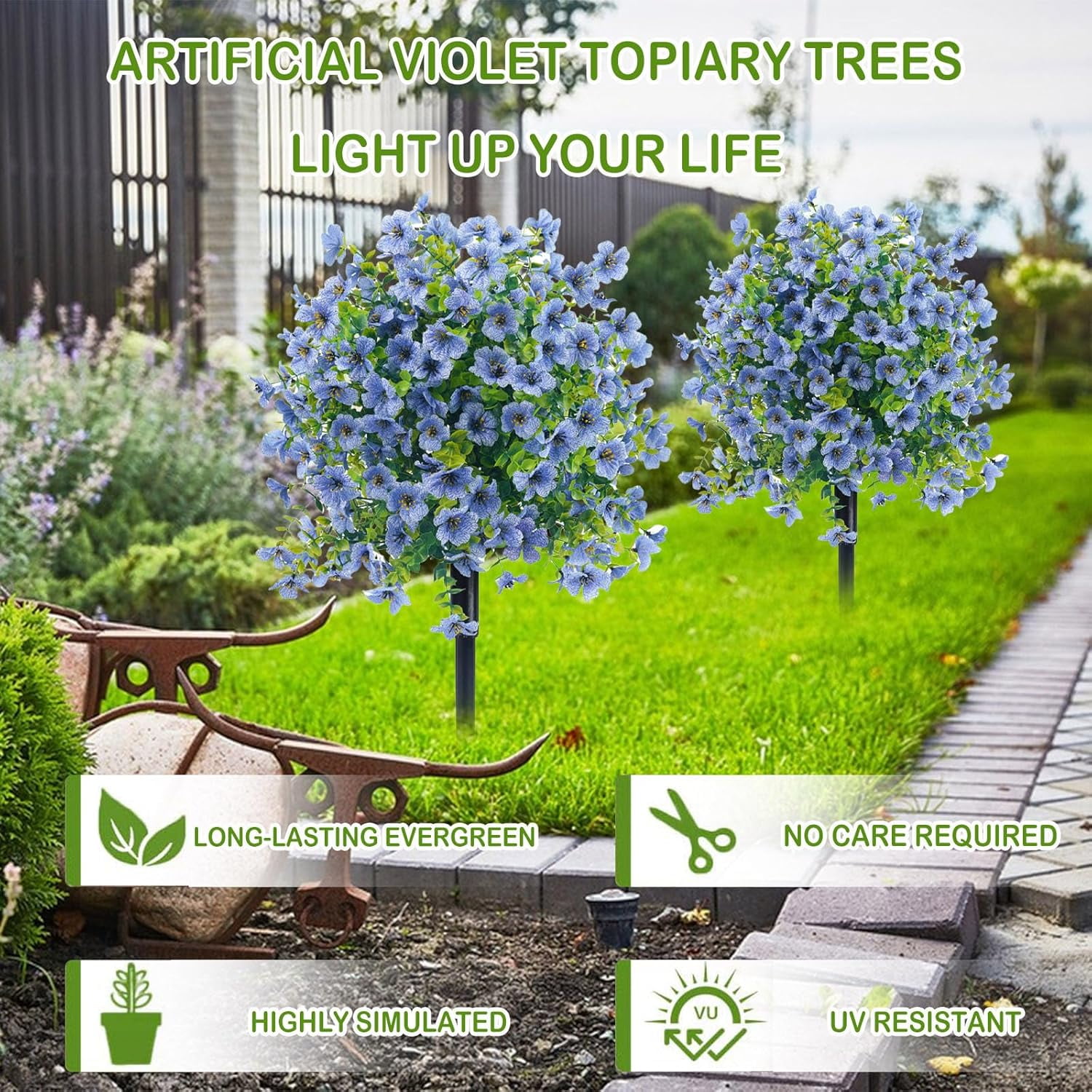 23in Artificial Violet Ball Topiary Trees with Ground Spikes, 1 Pack Fake Artificial Bushes Plants,Faux Artificial Shrubs Tree for Indoor Outdoor Front Porch Decor (MC)