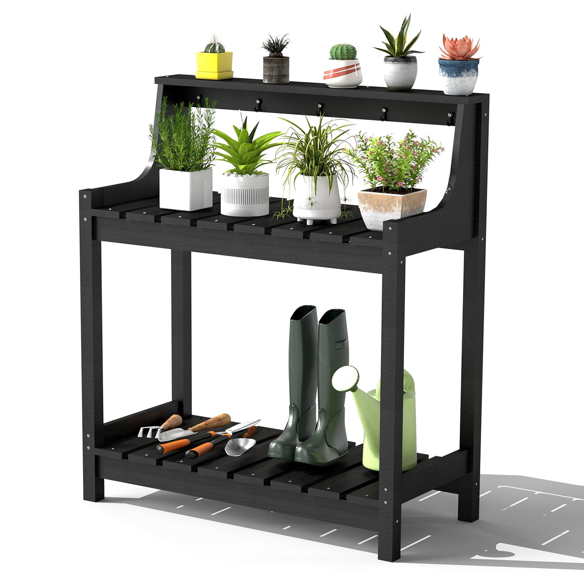 Potting Benches for Outside, HDPE Garden Potting Table All Weather, Outdoor Potting Table with Storage for Patio, Backyard, Garden, Black