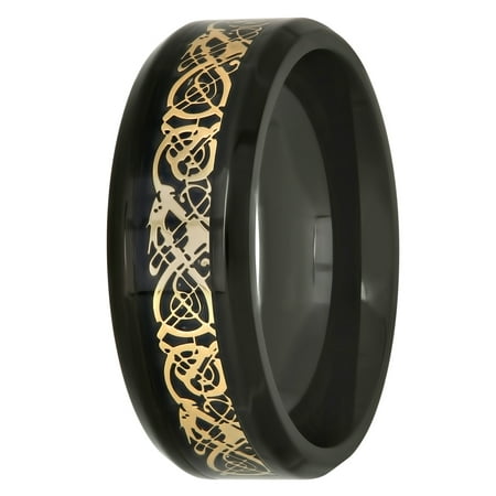 Men's Black and Yellow IP Stainless Steel Filigree 8MM Wedding Ring Band