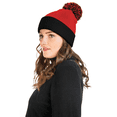 thumbnail image 3 of Sportsman Unisex 12" Pom-Pom Cuffed Beanie, Acrylic Lined Striped Speckled Hat for Winter, (One Size Red/ Black), 3 of 4