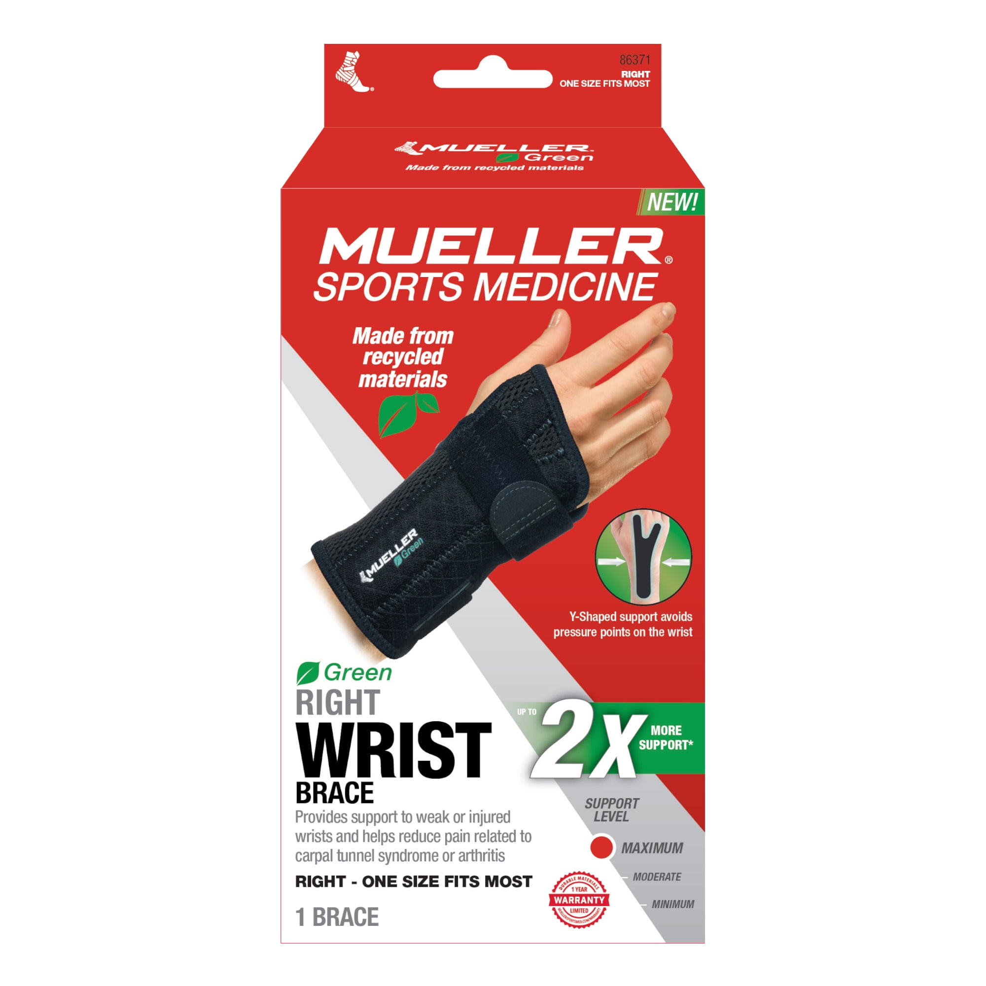 (2 pack) Mueller Sports Medicine Green Fitted Wrist Brace, Right, OSFM, Black