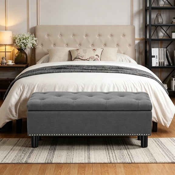 Storage Bench, Upholstered Linen Ottoman Bench with Button-Tufted, Folding Bedroom Bench with Wood Legs, Entryway Bench for Bedroom, Grey