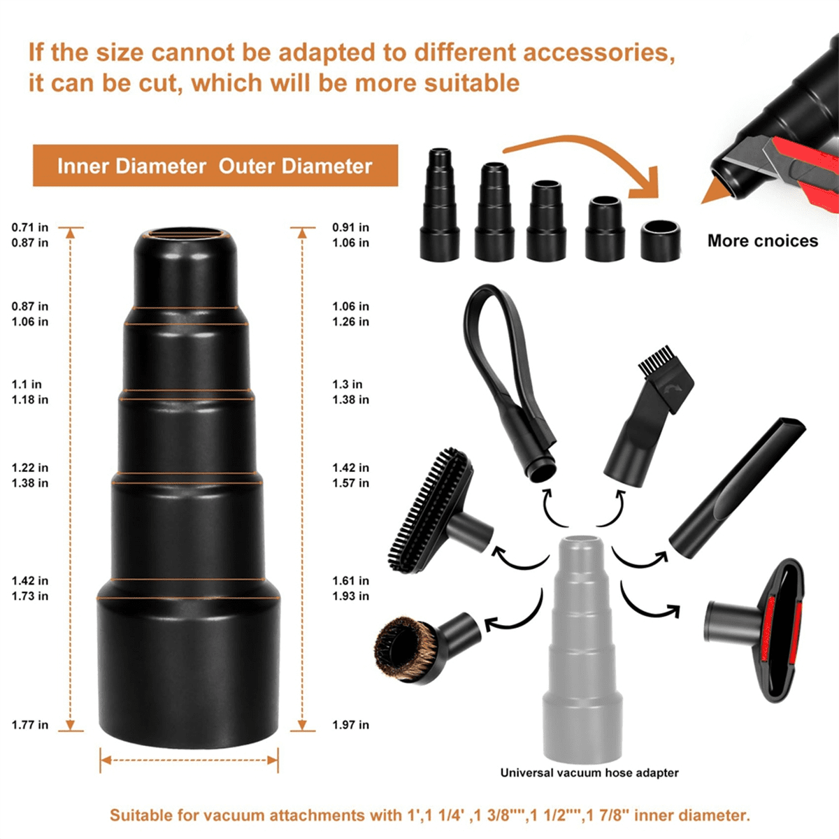 Universal Vacuum Attachment Kit, Universal Vacuum Attachments & Brushes 1.25 Inch Vacuum Hose Adapter Wet Dry