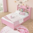 thumbnail image 4 of UHOMEPRO Twin Bed Frame with Pull-Out Trundle and Bookcase Headboard, Storage Bed for Shared Rooms and Small Bedrooms, No Box Spring Needed, Pink, 4 of 12