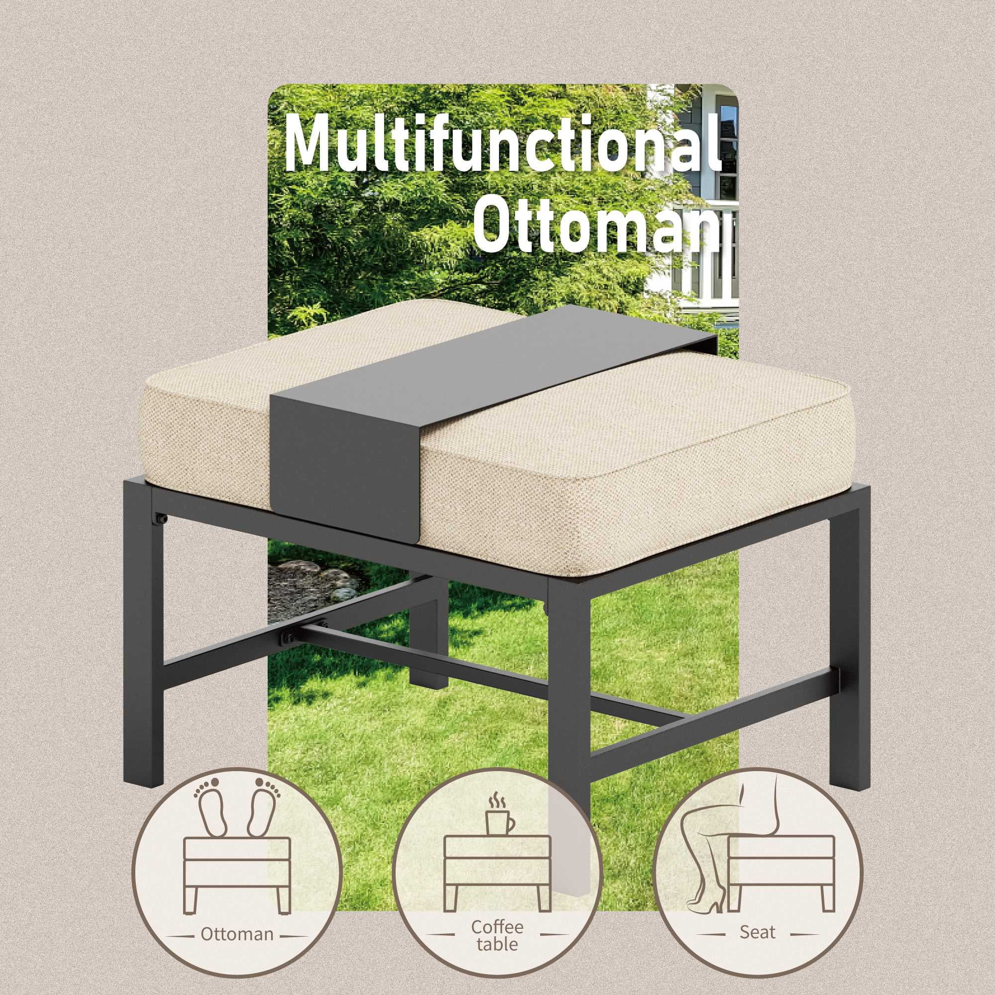 MF Studio 7-Seater Patio Conversation Set Metal Outdoor Furniture Set with Swivel Chairs and Ottomans - Beige