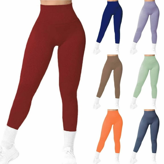 Olyvenn Women's High Waisted Leggings Ribbed Seamless Pants Workout Gym Yoga Tights Trouser Tummy Control Butt Lifting Pants Blue 4-6