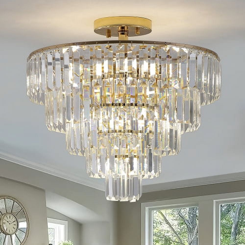 ACE-LIGHTS,5-Tier Golden Crystal Semi Flush Mount Chandelier Light Fixture,Large Contemporary Luxury Ceiling Lighting for Living Room,Bedroom,Dining Room,Hallway,Restaurants,Holels,Bars(Golden)