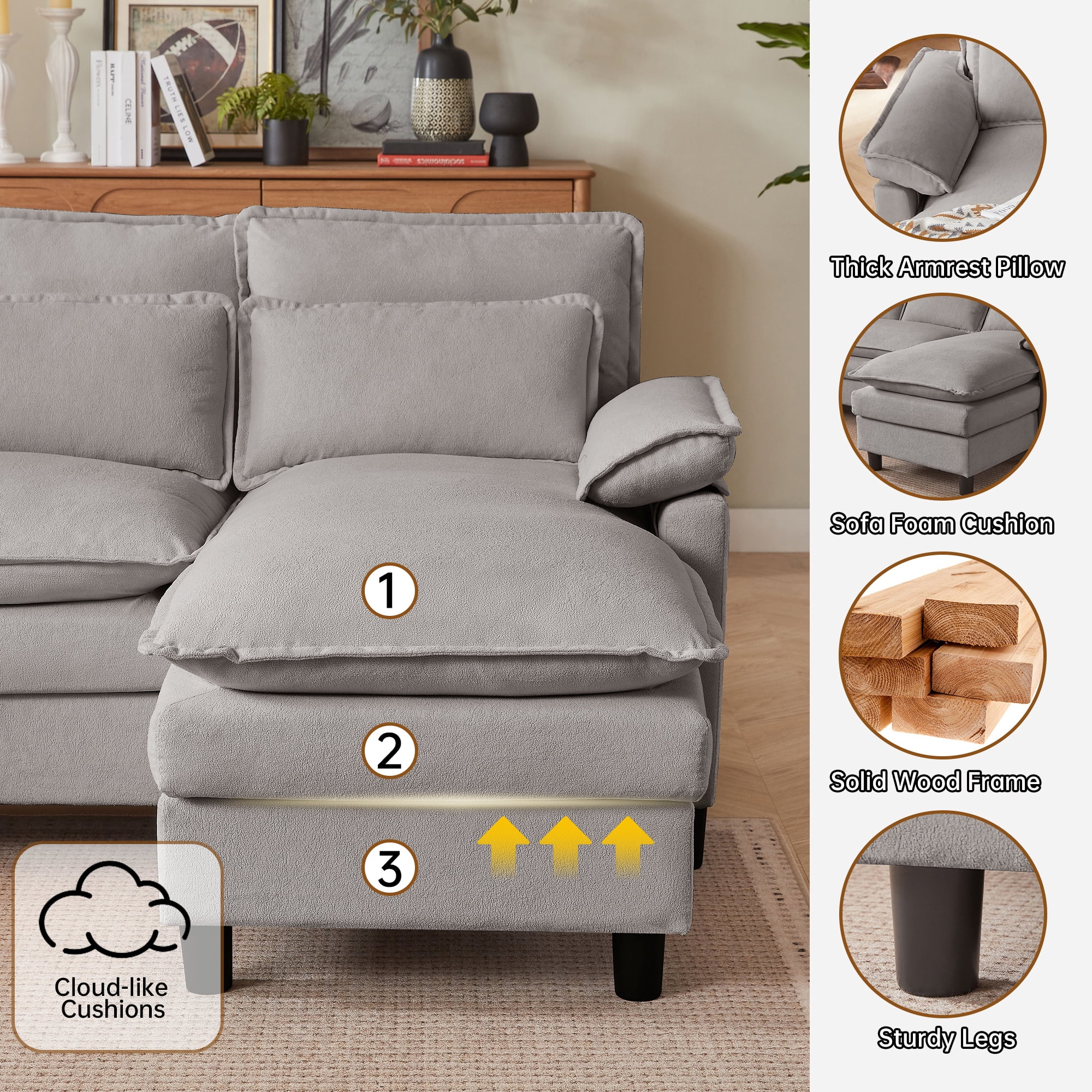 Pingliang Home Oversized U Shaped Couch,4 Seat Sectional Sofa with 4 Pillows,Upholstered Symmetrical Cloud Couch with Double Chaise,Wrap Around Sofa Modular sofa for Living Room Apartment Office