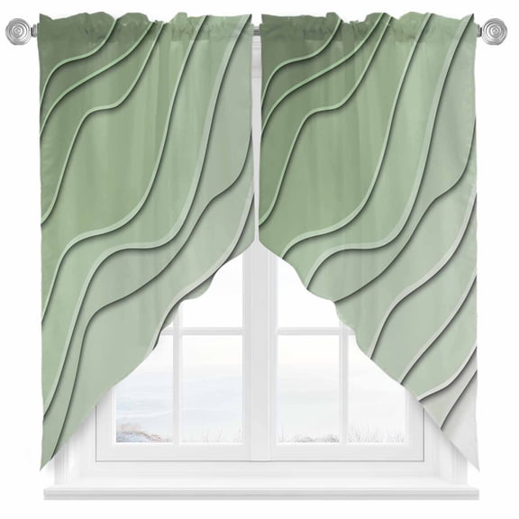 Swag Curtains Valances for Windows, Abstract Beach Coastal Short Kitchen Window Curtains Over Sink, Ombre Sage Green Geometric Cafe Curtains Panel Set Of 2,Rod Pocket, 45 Inches Length