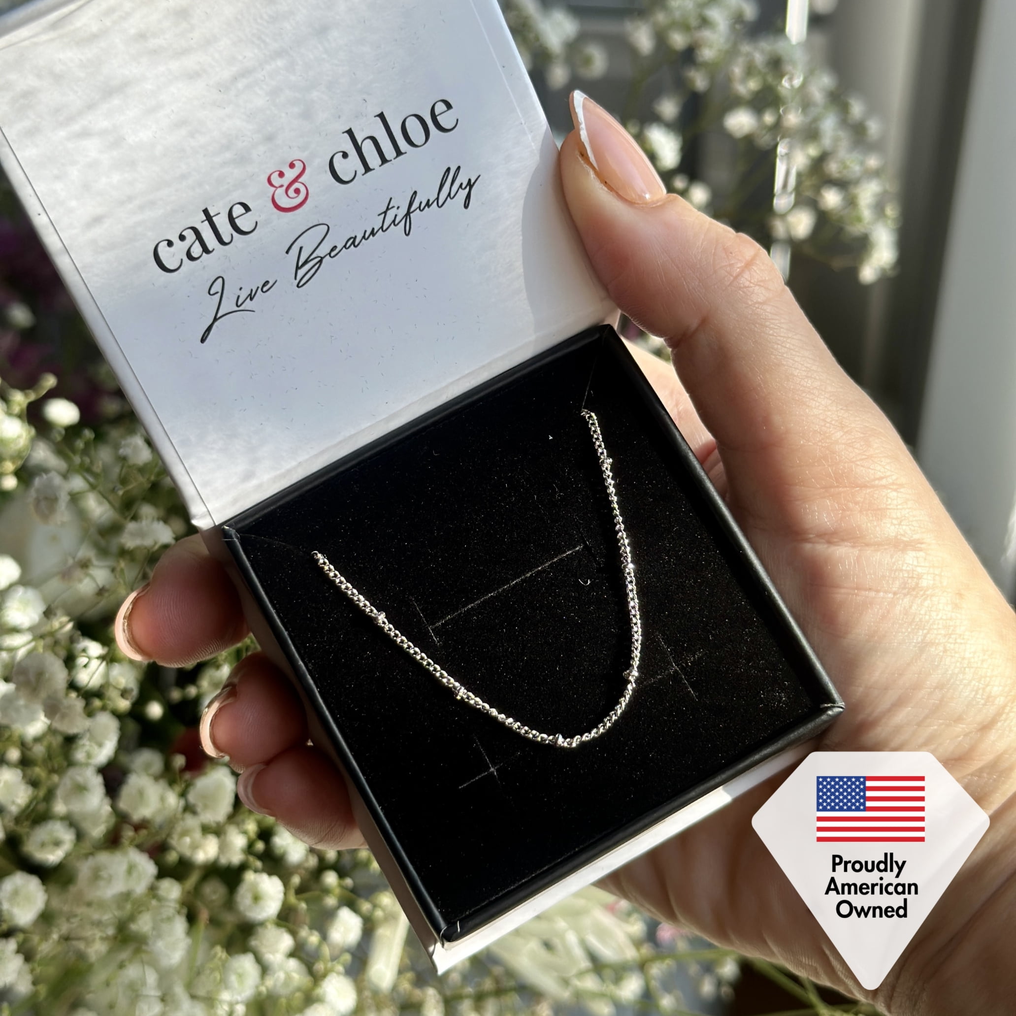 Cate & Chloe Pria 18k White Gold Plated Bead Station Chain Necklace, Gift for Women