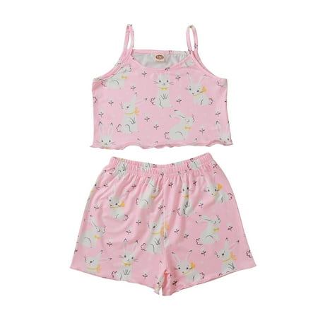 

Toddler Baby Easter Outfits Cute Bunny Print Camisole Tops+ Shorts Two-piece Set Pink Sleeveless Vest Shorts Suit