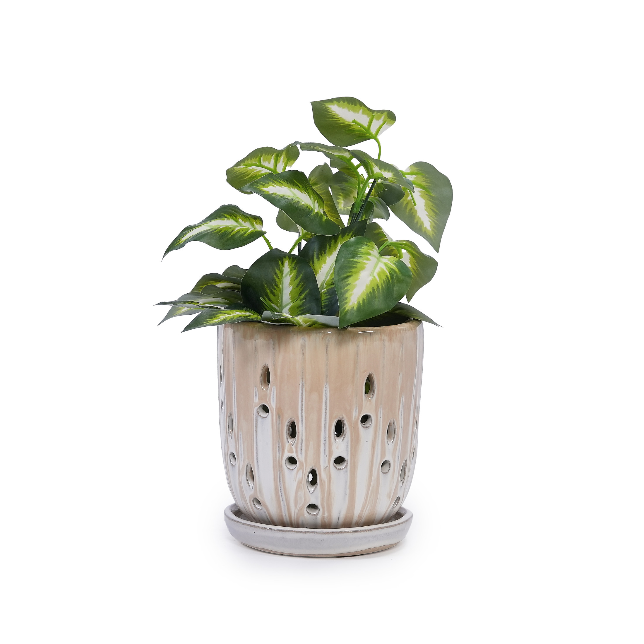 Noble House Katherine Striped Ceramic Planter Set, Weather-Resistant Flowerpots with Drainage Hole, Set of 2, Brown + White