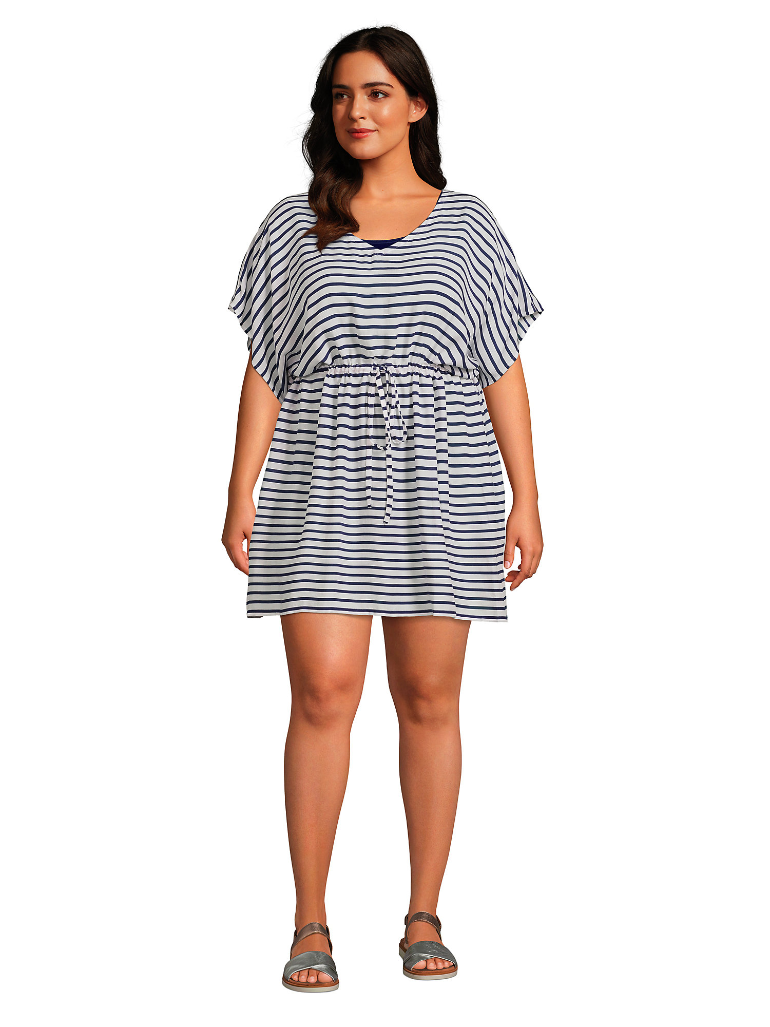 Lands' End Women's Plus Size Modal Short Sleeve Gathered Waist Swim