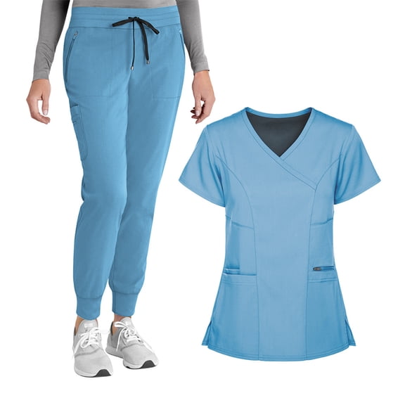 WULMLEO Womens Scrub Sets 2 Piece V Neck Petite Scrubs Outfits Stretch Short Sleeve Working Nurse Uniform Shirts and Joggers Medical Casual Drawstring Comfortable Nursing Workwear Light Blue S
