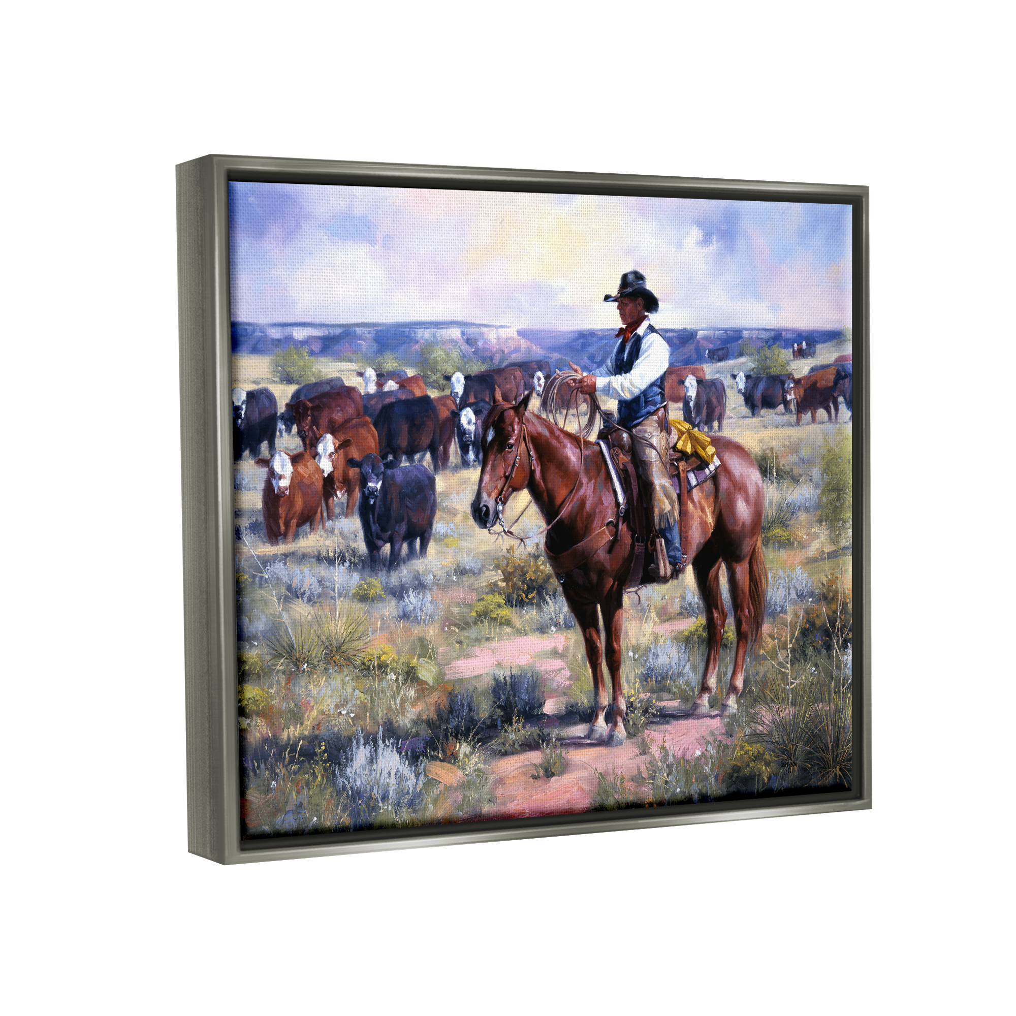 Stupell Industries Cowboy Herding Cattle Ranch Animals & Insects Painting Gray Floater Framed Art Print Wall Art, 21 x 17