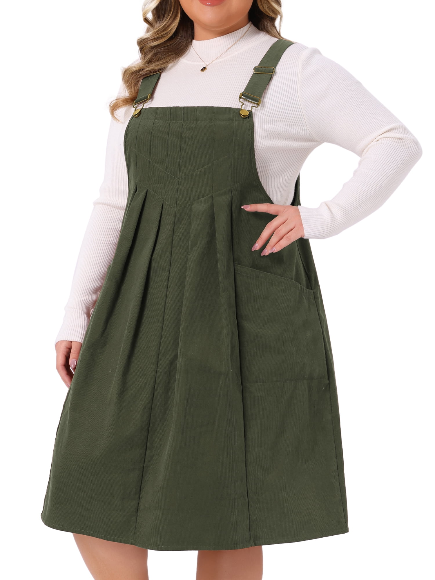 DARING DIVA Women's Plus Corduroy Pinafore Dress Pleated Skirt 1X Army Green