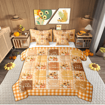 Manfei Vibrant Pumpkin Sunflower Twin Bedding Sets 7-Piece, Hello Fall Autumn Bedding Comforter Set, Orange Patchwork Plaid Reversible Sheet Sets, Microfiber Bedroom Decor