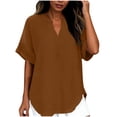 thumbnail image 6 of CBASIHI Womens Oversized Short Sleeve Tops- Vintage V Neck Casual Summer Basic T Shirts Coffee Size 2XL, 6 of 9