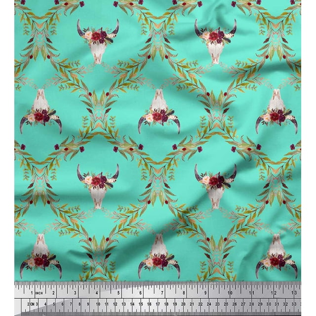 Soimoi Green Moss Georgette Fabric Floral & Cow Skull Head Damask Print Sewing Fabric Yard 42 Inch Wide