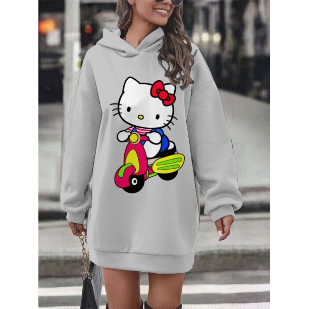 Nueva falda con capucha cómoda para mujer de otoño e invierno, sudadera holgada informal con estampado de Hello Kitty, estilo retro callejero para juegos de rol