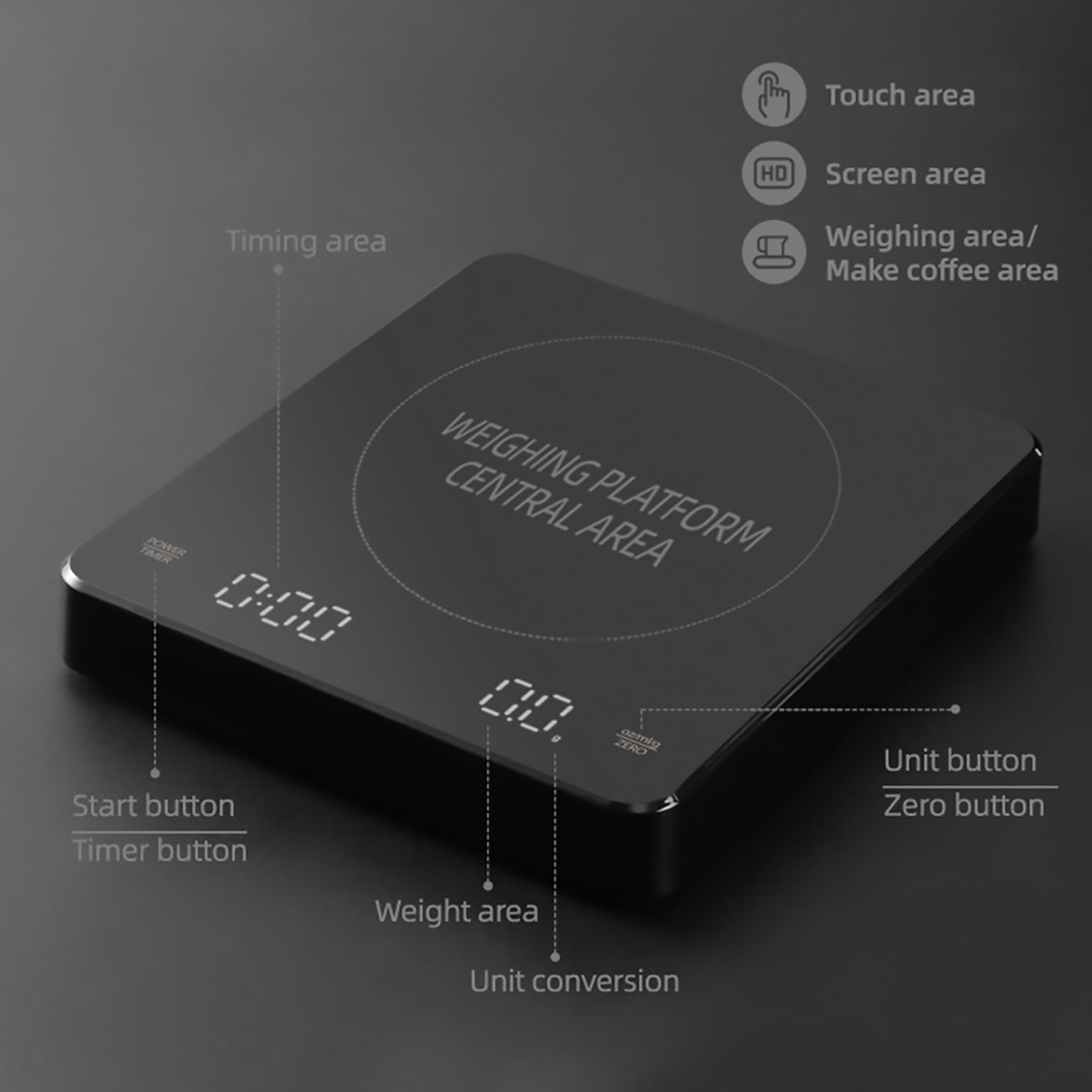 YAHHU High Precision Digital Coffee Scale with Built-In Timer and LED Display, USB Type-C Rechargeable Espresso Scale, 3000g / 6.6 lbs Max Weighing, 0.1g Accuracy, Measures in oz/ml/g, Black