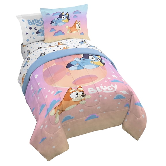 BBC Bluey Sisters Sleepy Time 7 Piece Full Size Kids Bed Set with Shams