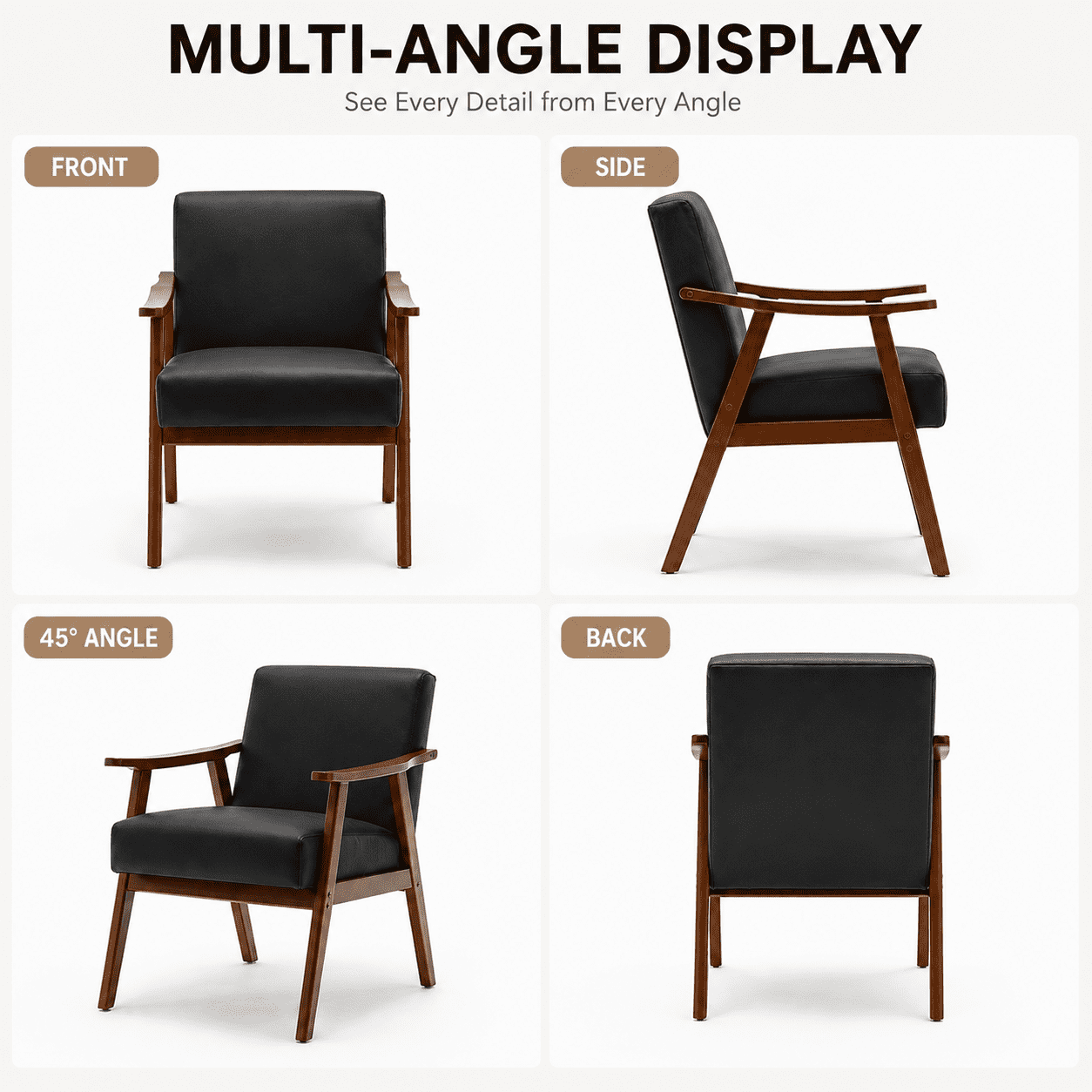 MOONMISS Mid Century Modern Accent Chair Solid Wood Frame Microfiber Living Room,Black PU