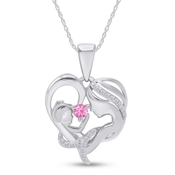 AFFY Tourmaline & White Cubic Zirconia Mom Heart Pendant Necklace 14k White Gold over Silver