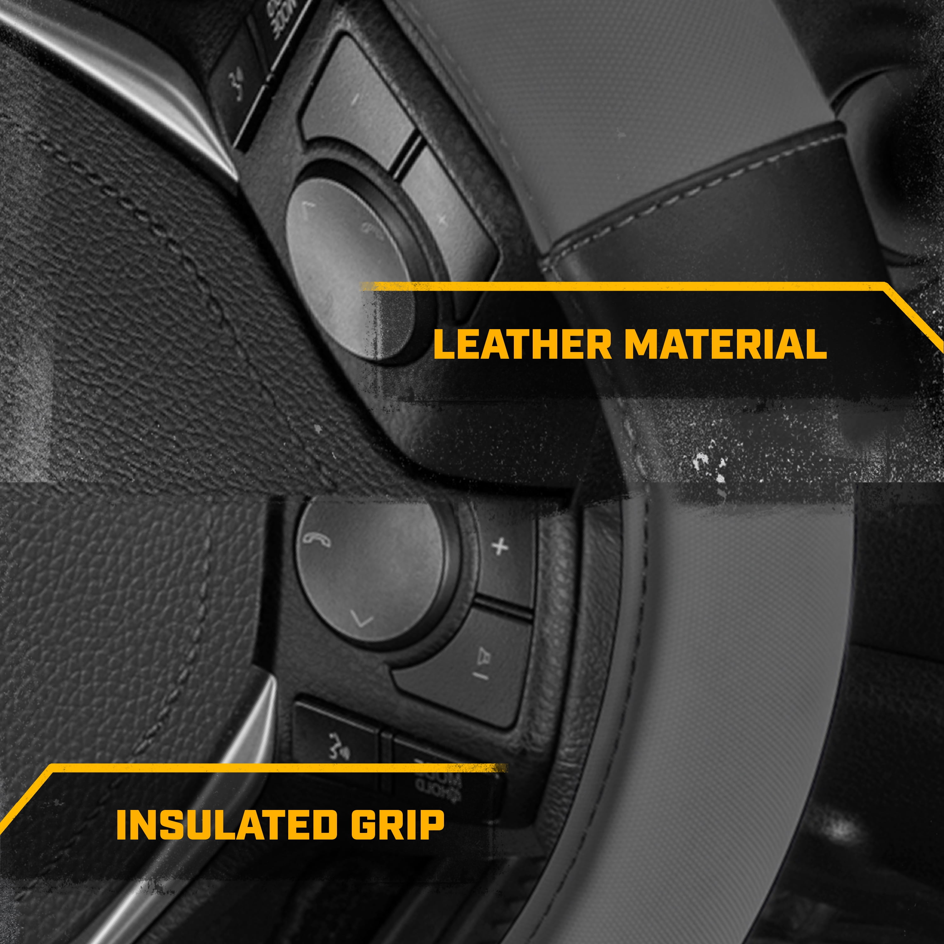 CATERPILLAR Two Tone Ergonomic Soft Leather Grip Steering Wheel Cover - Strong, Durable and Comfortable Universal Size 14.5-15.5" (Dark Gray / Black)