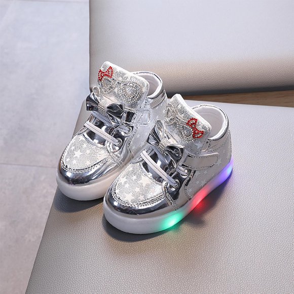 Pisexur Kids Shoes , Sandales pour Bébé, Pantoufles pour Enfants Chaussures Lumineuses pour Filles Chaussures d'Éclairage pour Enfants Nouvelles Chaussures Princesse à Nœud Chaussures de Marche Décontractées Argent, 7 Ans