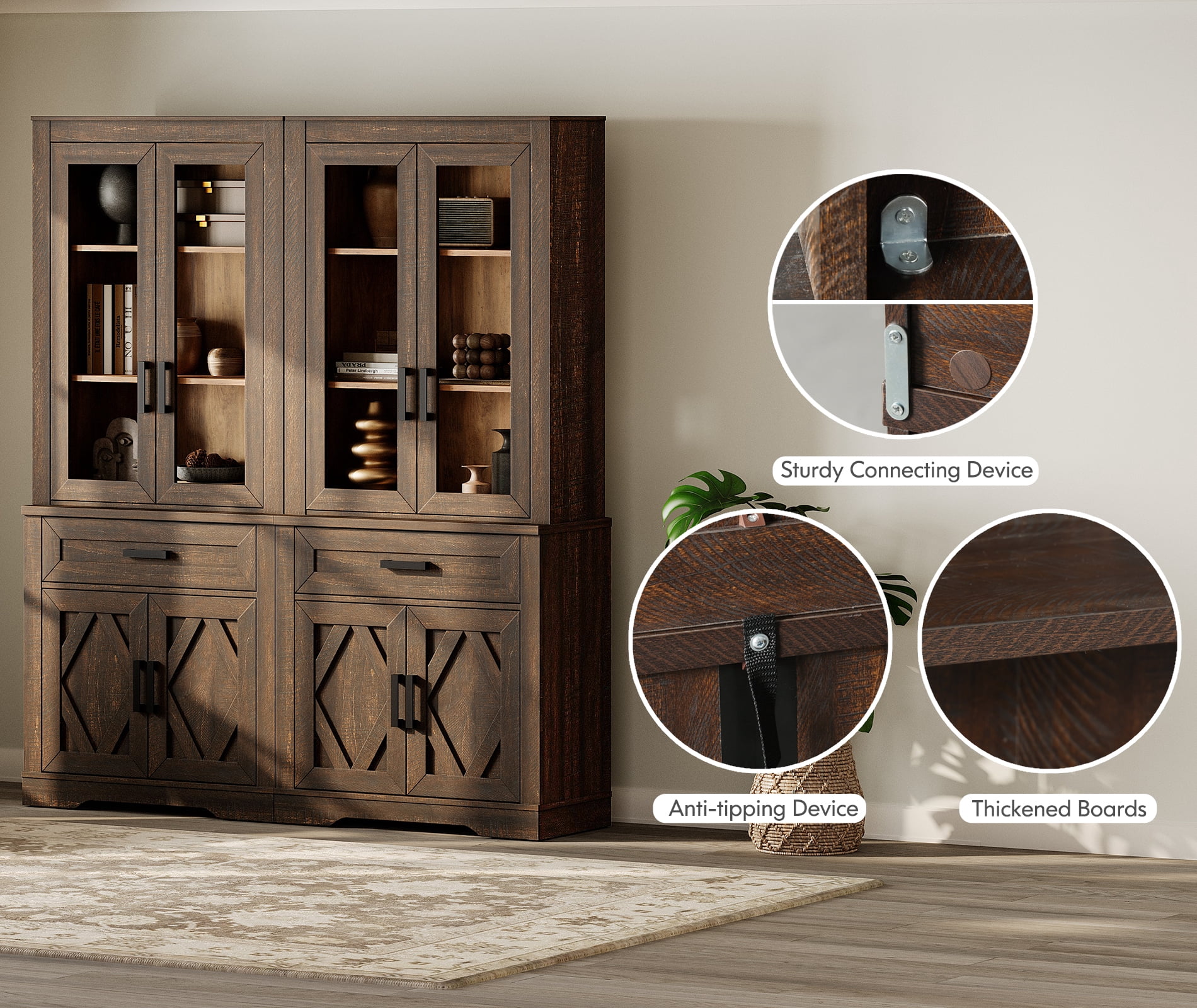 WAMPAT 5 Tier Bookcase with Barn Door,73.3" Tall Open Storage Bookshelf,Floor Standing Farmhouse Display Organizer with Drawer for Home Office,Living Room,Espresso