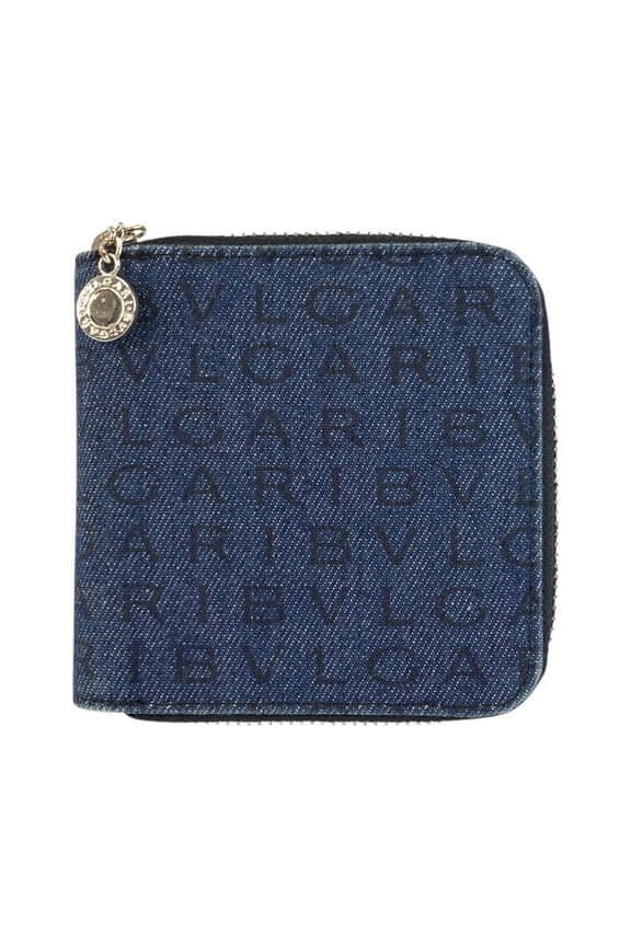 Pre-Owned BVLGARI Logomania Blue Black Silver Hardware Denim Leather Folding Wallet Compact for...