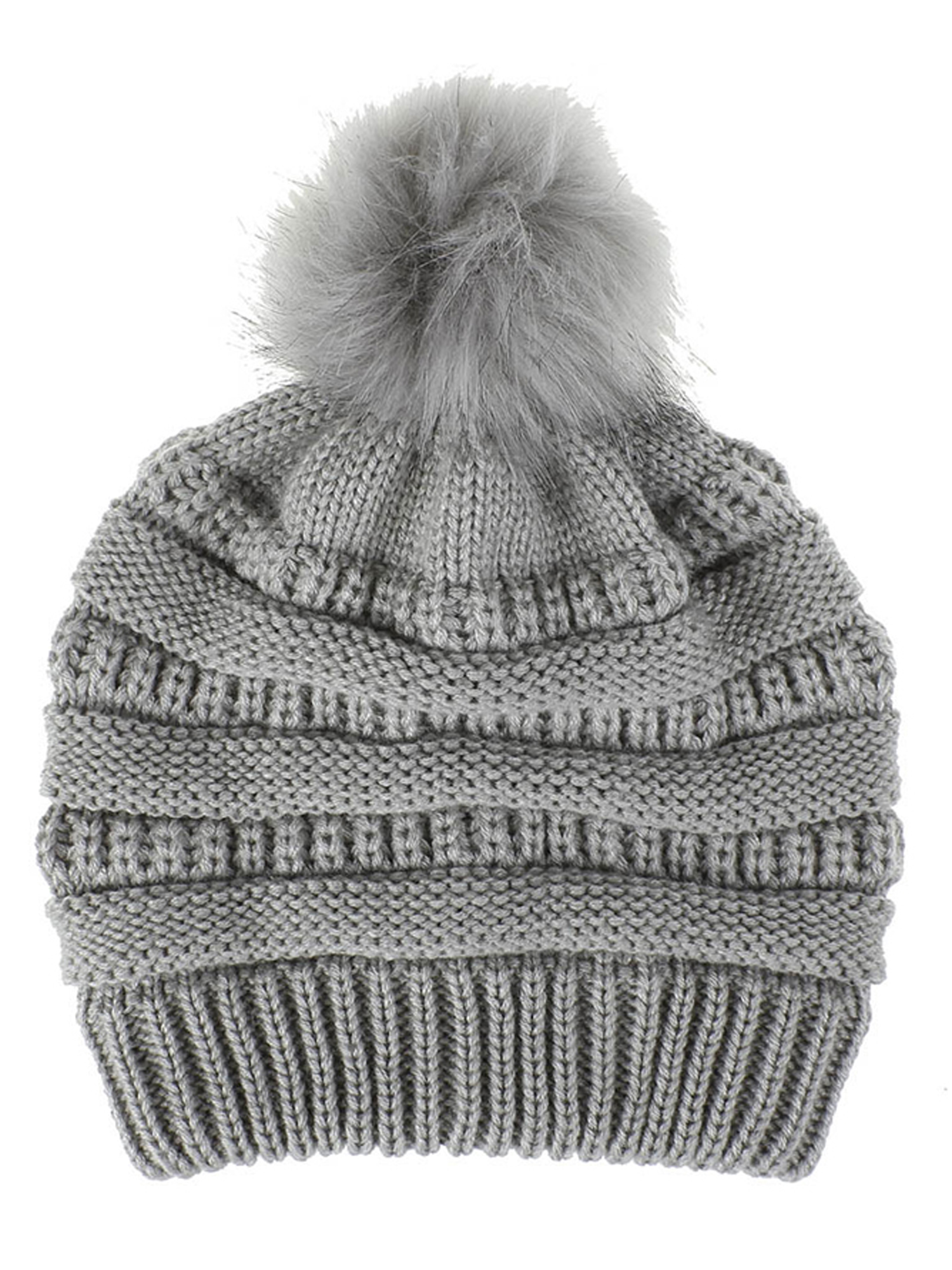 Women\'s Gray Winter Warm Knitted Beanie Faux Fur Pom Knit Skull Style Hat Cap Newbee Fashion - Women Winter Faux Fur Pom Pom Beanie Hat  main image 3