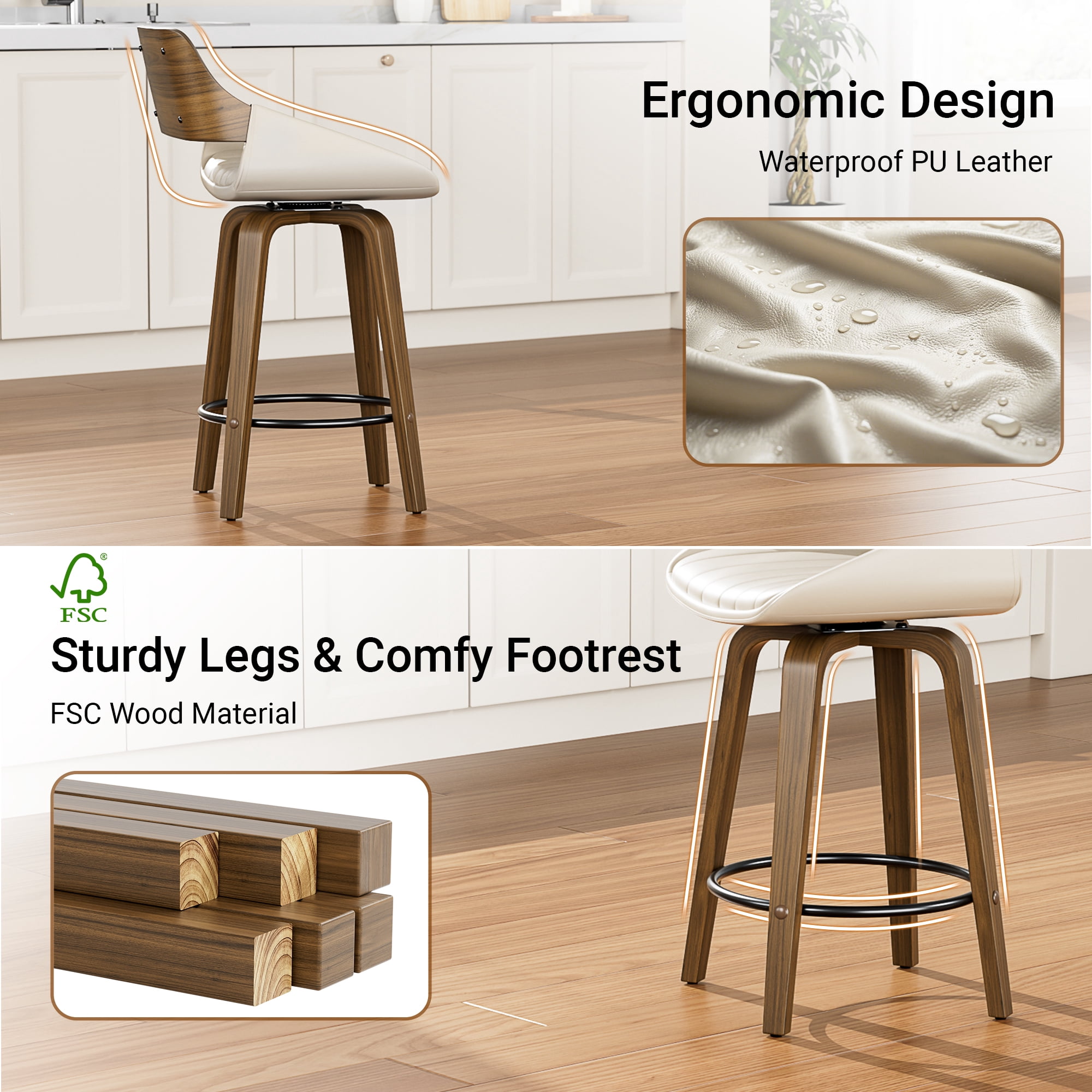 LainTene 26" Swivel Counter Height Bar Stool with Walnut Bentwood Frame, Faux Leather Seat & Footrest, Mid-Century Modern Chair for Kitchen Island, Bar, or Café (Set of 4)