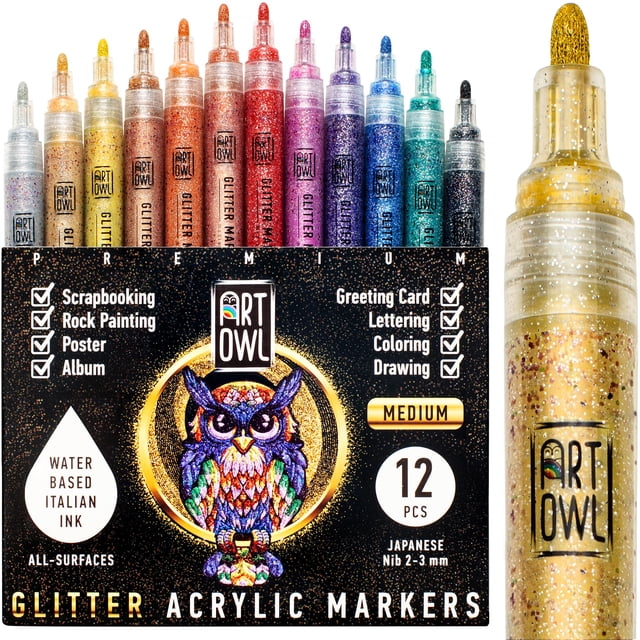 Juego de 12 rotuladores con purpurina acrílica Art Owl