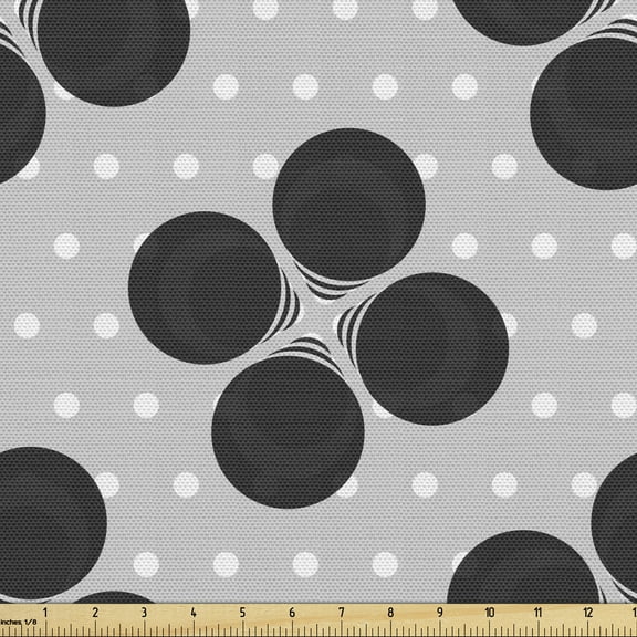 Abstract Fabric by the Yard Upholstery, Geometric Concentric Circles Motif on Polka Dots Background Modern Design, Decorative Fabric for DIY and Home Accents, Black Grey White by Ambesonne