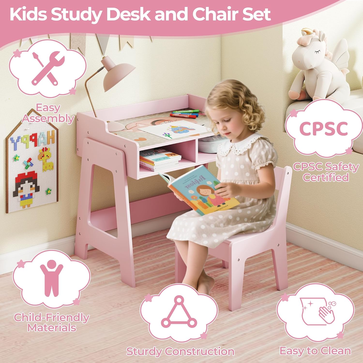 Toddler Table and Chair Set, Wooden Kids Desk and Chair Set, Pink Study Table and Chair Set for Girls, Kids Acitvity Table with Storage for Ages3-8, Toddler Desk and Chair for Bedroom/Nursery