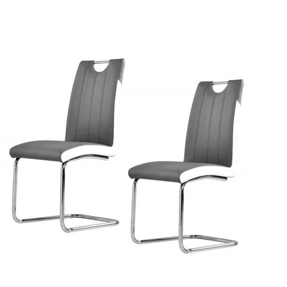 Gray Faux Leather Dining Chair Set of 2, Chrome Metal Frame Side Chair with White Trim
