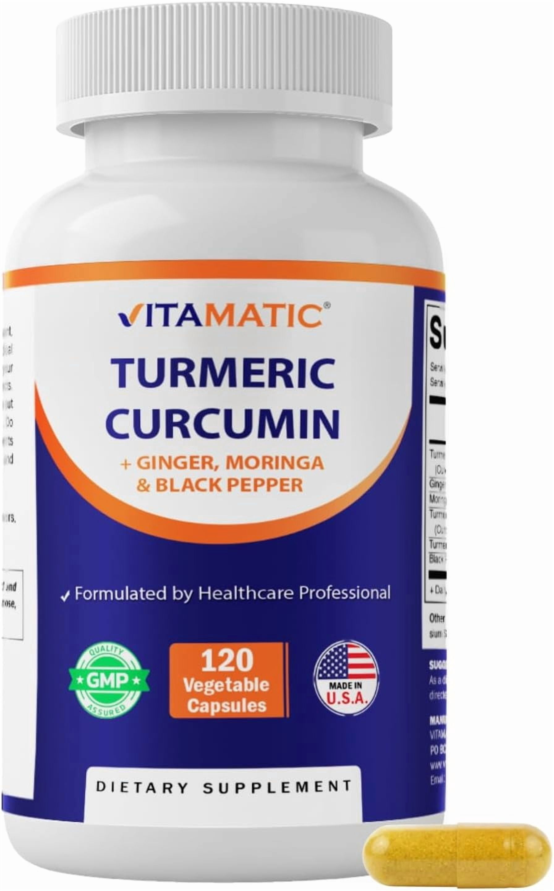 (3 pack) Vitamatic Turmeric Curcumin Supplement – Plant-Based Botanical Extract with Black Pepper, Ginger & Moringa – Vegetarian, Non-GMO, Gluten-Free – 120 Capsules