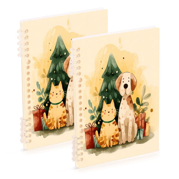 Wirebound Notebook Hardcover Spiral Notebooks Cat and Dog with Christmas Tree, 60 Pages, 80 GSM, 5.7 x 8.3in