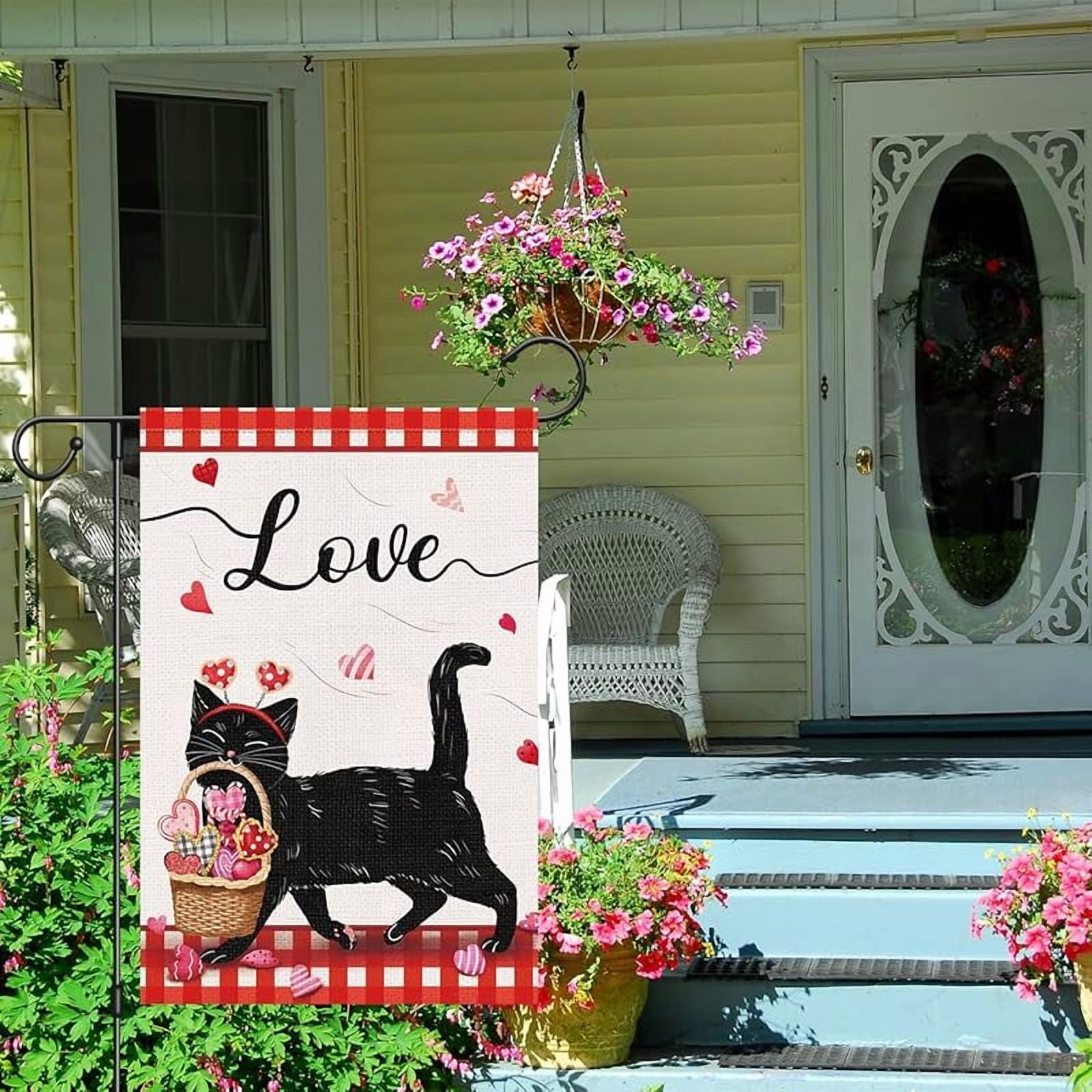 Valentines Day Garden Flag Double Sided, Small Burlap Welcome Black Cat Spring Garden Yard Flags Love Heart for Anniversary Wedding Valentines House Outdoor Decor (ONLY FLAG)