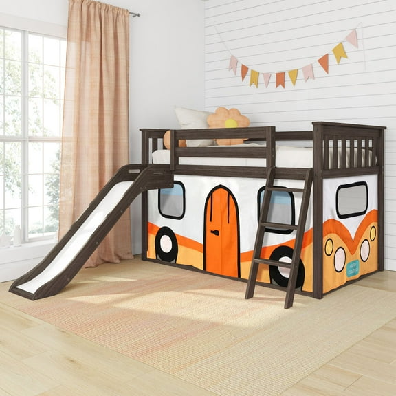 Low Bunk With Easy Slide & Orange Camper Van Curtain, Clay