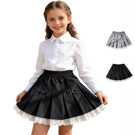 Fozruso Girls Lace Bowknot Pleated Mini Skirt Elegant Formal A Line Short Skirt Back to School Outfits(Black)