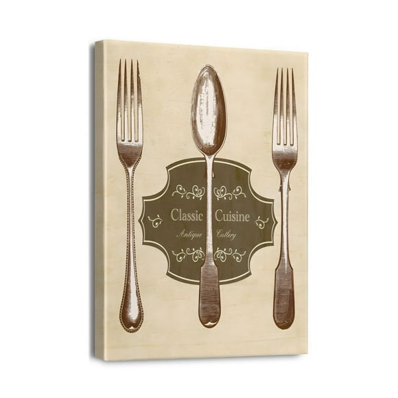 Fourchette Dorée, Couteau, Cuillère Art Mural Vintage Rustique Impression sur Toile pour Cuisine, Décoration de Restaurant (12x16 Pouces)