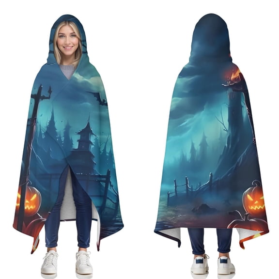 Wearable Blanket,Halloween Night Scene Pattern Hooded Wearable Sherpa Blanket for Adults & Teens,Winter Poncho Shawl Wrap Cape Thick Warm,50"x60"