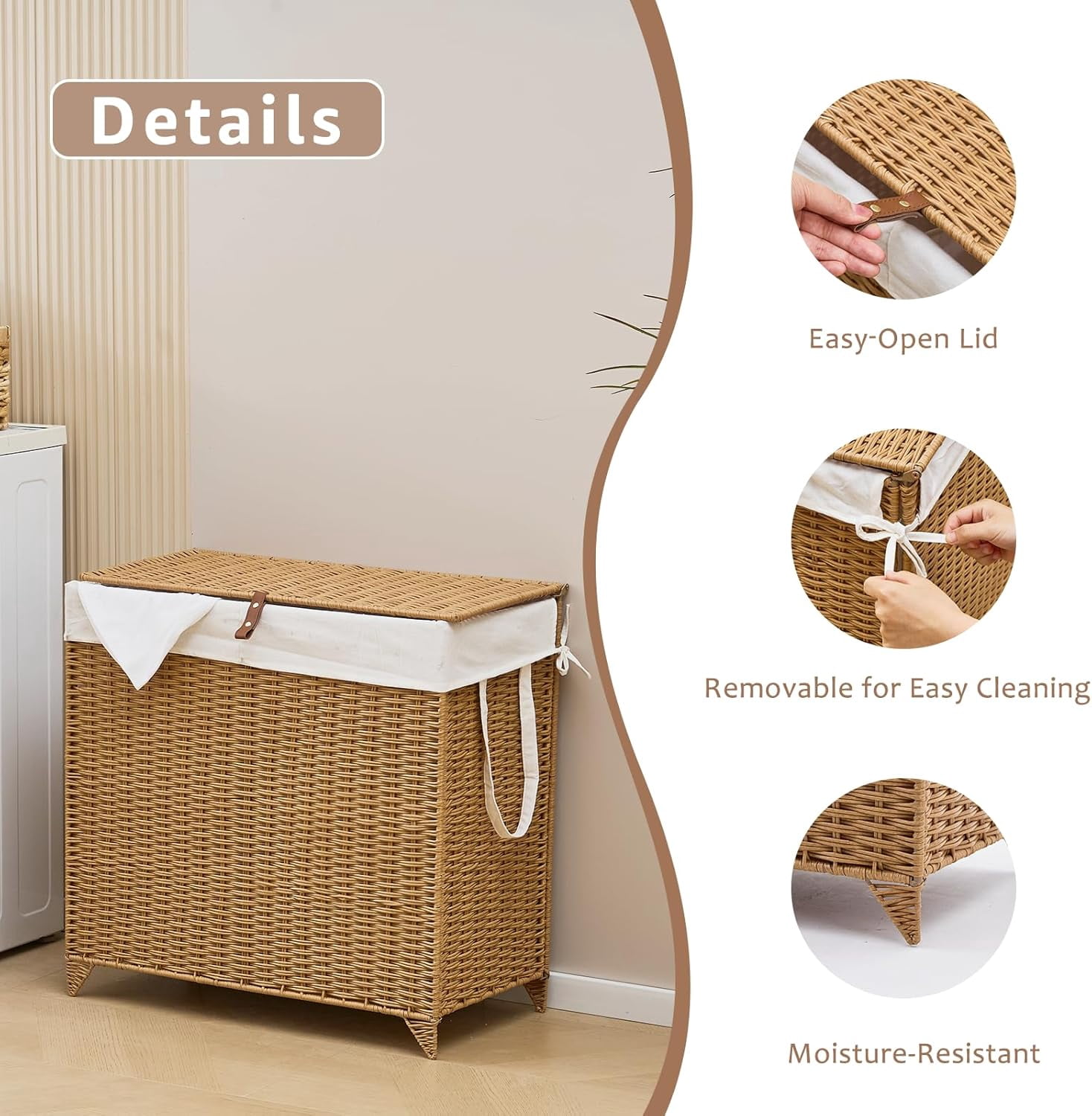 Casa Pura Furniture Adult Natural Hyacinth Wicker Heightened Feet Laundry Hamper with Lid & Removable Liner Bag, Brown