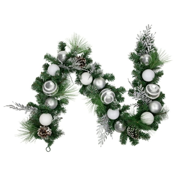 6' Green Pine Needle Garland with Pinecones and Striped Christmas Ornaments Unlit