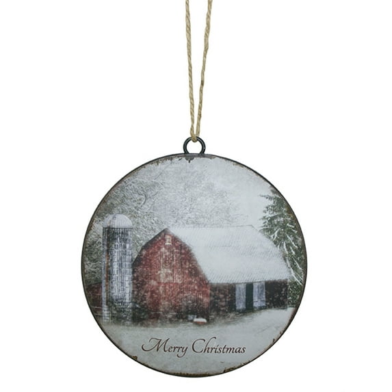 Merry Christmas/Barn Disc Ornament (Set of 12) 6"D Metal