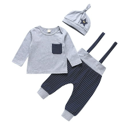 

TAIAOJING Fall/Winter Baby Boy Girl Clothes Set 3Pc Striped Tops Pants Overall Hat Bodysuit Outfits 6-12 Months