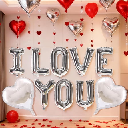 Silver I Love You Letter Balloons, Mylar Heart Balloons for Wedding Anniversary Engagement Romantic Decorations Party Supplies